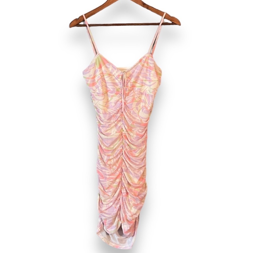 BP Ivory Multi Roxy Abstract Ruched Tie Front Slip Dress Small - Picture 10 of 11